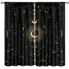 Moon Star Curtains, Minimal Baroque Black Glitter Golden Geometry Universe Galaxy Constellation Planet Pattern Window Treatments, Blackout Rod Pocket Drapes For Living Room Bedroom Bathroom 42x45in