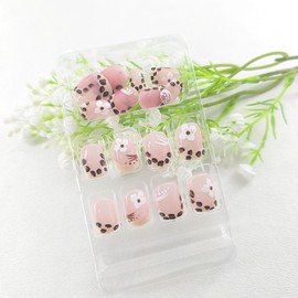 Fall Press on Nails Square Fake Nails Square French Tip Artificial Nails Glossy Acrylic Glue on Nails with Flower Leopard Designs Autumn Nails Press ons Pink False Nails Art for Girls 24Pcs