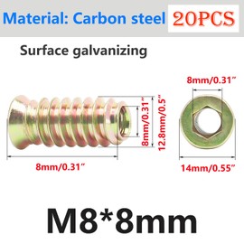 Qrity 20PCS Threaded Inserts Nuts, Hex Drive Head Nuts, Threaded Inserts for Wood, Hex Socket Drive, Zinc Plated Carbon Steel, M8x8mm Insert Nut