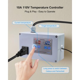 10A 110V Temperature Controller, Digital Thermostat Switch for Seedling Germination, Home Brewing, Fermentation, Vacuum Low-Temperature Cooking, Hatching, Pet Breeding, Heaters Or Cooling Equipment