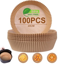 AiQInu Baking Paper for Hot Air Fryer, Airfryer Baking Paper, Round, 20 cm, Pack of 100, BPA-Free, Waterproof, Oil-proof, Parchment Paper, Liner, Airfryer Accessories, for Hot Air Fryer, Oven,