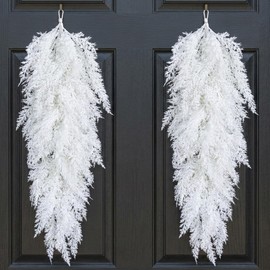 2 Pcs White Christmas Pine Door Swag, 28'' Artificial Cedar Teardrop Swag