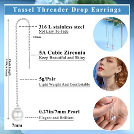 JeweBella 6/8 Pairs Threader Earrings Set for Women Girls Tassel Moon Star Long Chain Earrings Stainless Steel Double Twist Drop Earrings CZ Pearl Chains Earrings Lightweight Hanging Earrings