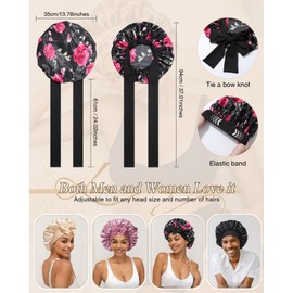 2 PCS Satin Bonnet Hair Bonnet for Sleeping Women Satin Hair Wrap with Elastic Tie Band Sleep Night Cap for Curly Hair (Black Flower+Black)
