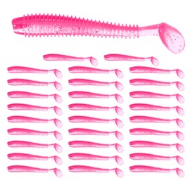 TIXIPEM 2.17" T-Tail Soft Fishing Lures [30-Pack] - Paddle Tail Swim Bait for Bass Trout in Saltwater & Freshwater - Rigged with 4 & 6 Hooks - Pink & Durable ABS Plastic