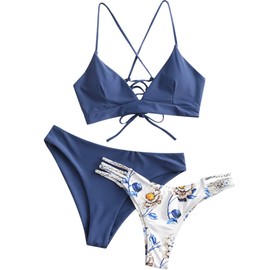 Zaful Women's Two-Piece Bikini Set, Bikini Bottoms with Braided Side Lacing and Adjustable Push-Up Bra, Triangle Bikini Briefs with Floral Pattern - Blue- 3, size: m