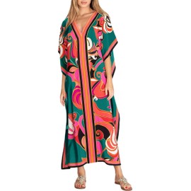 Cashew Flower Silk Caftan Women Vneck beach Cover up Caftans Loose Plus Size Floral Print Side Split Kaftan Dresses (B5 Green, X-Large)