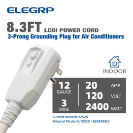 L22520 20Amp 2400W 12AWG LCDI Power Cord Plug for A/C Air Conditioner, E250451 UL Certified, 8.3FT Leakage Current Detection Interrupter Replacement, 120VAC 20Amp 2400W 60Hz NEMA 5-20P (1 Pack)