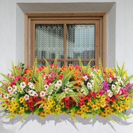 GORGOU 14 Pcs Artificial Outdoor Flowers UV Resistant Fake Flower -No Maintenance Faux Greenery Plants Plastic Flowers -Faux Flowers for Outdoor Planters Porch Garden Window Box Home Decor (Mix 6)