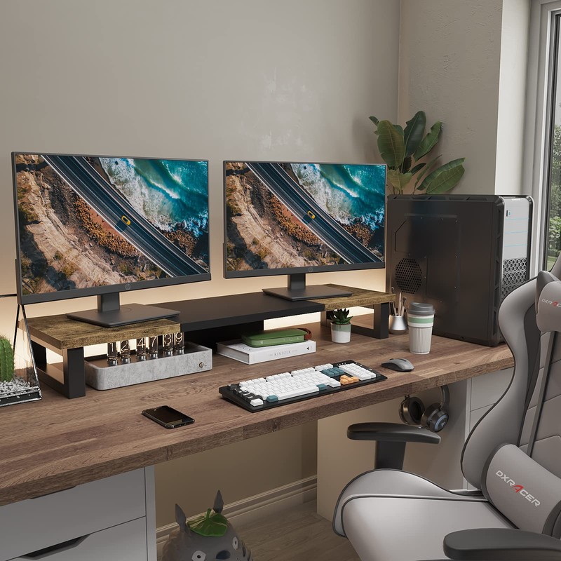 WESTREE Dual Monitor Stand Riser, Wood and Steel Multi-Purpose Desktop