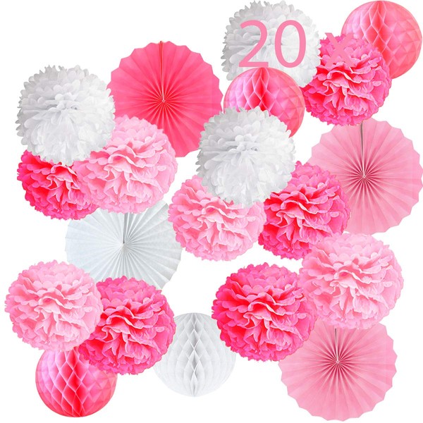 20 x Pink Flower Pom Poms for Christening Girls, Tissue Paper Pompoms, Paper Fans and Balls, Birthday or Baby Shower Decoration