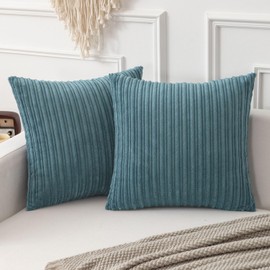 Kevin Textile Soft Corduroy Throw Pillow Covers Pack of 2 Plush Striped Decorative Square Cushion Covers Pillowcases Accent Boho Home Decor for Couch Sofa Bed Chair 18x18 Inch, Blue Grey