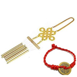 Feng Shui Goods, Copper 6 Tubes, Wind Chime, Ruyi Knot, Wind Chime, Feng Shui Figurine, Ornament, Good Luck Goods, Comes with a Red String Bracelet