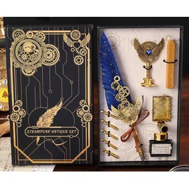 LSFCHYBY Quill Feather Pen and Ink Set,Calligraphy Set,Calligraphy Kits Include Antique Quill Feather Pen,Handcraft Wooden Pen,6 Nibs,2 Bottles Inks,Pen Holder for Beginners Birthday Gift（blue）