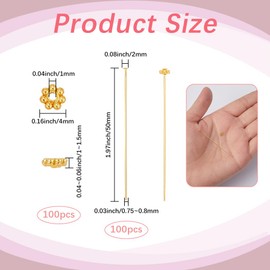 SOFPLATE 1 Box 100 Sets Brass Flat Head Pins Earring Making Pins Gold with Alloy Daisy Spacer Beads Long Headpins Beading Needles Findings Accessories for Jewellery Making Earrings Bracelet DIY Crafts