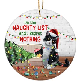 Gifts for Christmas, Tuxedo Cat Christmas Ornament Ceramic 2-Side Printed, Black Cat for Men Women, Christmas Hanging Decorations