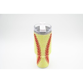 SEM LIFE 40 Oz Rhinestone Bling Tumbler with Handle and Straw (YELLOW SOFTBALL), Stainless Steel and Double Wall Insulated