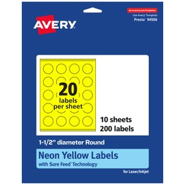 Avery Printable Round Labels, Sure Feed Technology, 1-1/2" Diameter, Neon Yellow Labels, Print-to-The-Edge, Laser/Inkjet Printable, 200 Total, Great for Stickers and Candles
