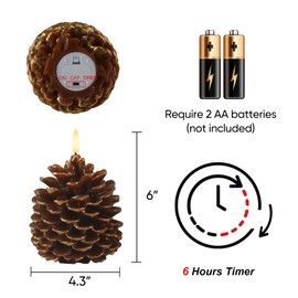 Homemory 2 Pcs LED Pine Cone Candles, Flameless Candles with 6H Timer, Battery Operated Flickering Candles, Real Wax Pinecone Candles for Christmas Indoor Decoration, Brown(D4.3 x H6 Inch)