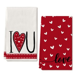 ARKENY Valentines Day Kitchen Towels Red Heart Dish Towels 18x26 Inch Ultra Absorbent Wedding Drying Cloth I Love U Sign Hand Towel for Valentine Decorations Set of 2