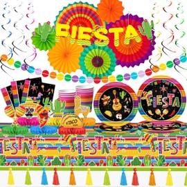 DMIGHT 101PCS Fiesta Party Supplies Set – Plates, Napkins, Fiesta Paper Fans, Banner, Tablecloth, Honeycomb Centerpieces – Perfect for Cinco de Mayo, Mexican Fiesta, and Fiesta Party Decorations