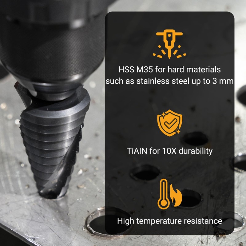 TOOLMAYS Metric Step Drill Bit M35 Cobalt AlTiN-Coated Cone Drill