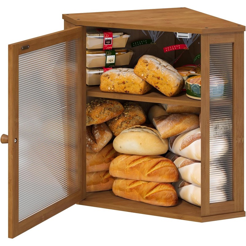 Corner Bread Box for Kitchen Counter, Bamboo Wood Large Capacity