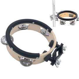 TUOREN Percussion Jingle Tambourine 6.1" Mountable Single Jingle Wood Tambourine Percussion Traditional Tambourine for Drum Set Cymbal Stand (Wood)