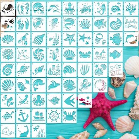 Stencils for Painting, 64pcs 3 Inch Sea Life Stencils for Painting on Wood Rock Painting Stencils Plastic Reusable Stencils for Crafts(Ocean)