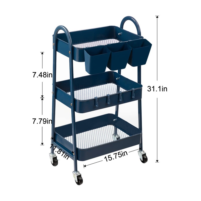danpinera 3-Tier Rolling Cart, Metal Rolling Storage Cart with Lockable