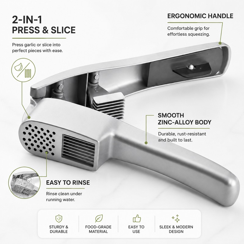 2-in-1 Garlic Press & Slicer for Kitchen Prep – Zinc