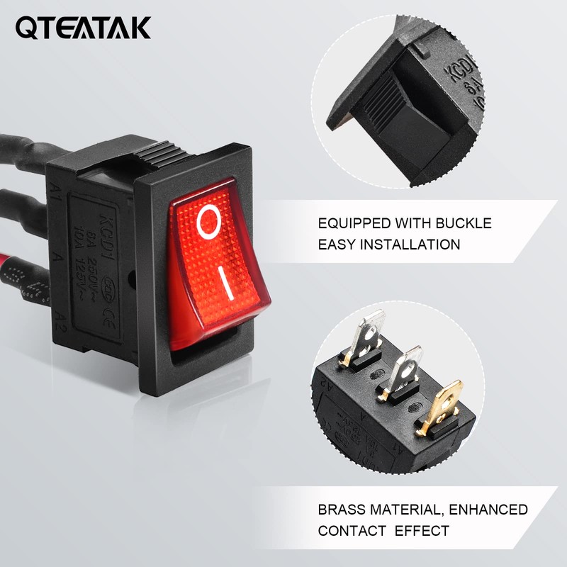 QTEATAK KCD1 On/Off 3-Pin 2-Position Snap 10A/125V, 6A/250V Red LED