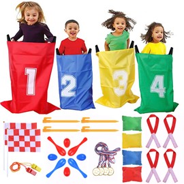 GOLDGE Outdoor Games for Children, 32-Piece Children's Party Set with Bouncy Bags, Sandbag, Egg Running, Medal for Children from 3 Years