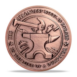 deDecoml The Strong Steel Challenge Coin with Anvil and Dumpster Fire Design (Antique Copper)