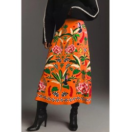 Anzber Women's Tropical Plant Print Satin Midi Skirt Festive Floral Zipper A-Line Spring Summer Boho Travel Skirts, Orange, Medium