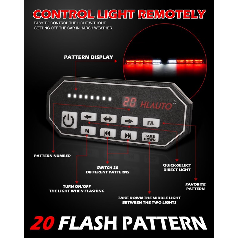 HLauto 604N Emergency Dash Strobe Lights w/Controller: 2x16.8 inch Red