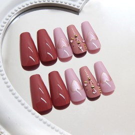 Valentines Press on Nails Medium Coffin Fake Nails Glossy Glue on Nails Pink Heart False Nails with Rhinestones Design Pink Artificial Nails Valentines Day Stick on Nails for Women 24 Pcs