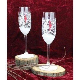 Hand Painted Champagne Glasses - Winter Snow with Red Cardinal (Set of 2)