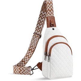 Crossbody Bag for Women Leather Small Sling Bag Fanny Pack Chest Bag for Travel Chest Pack Gifts - Color: Off White With Brown