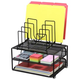 DecoBros Mesh Desk Organizer with Double Tray, 5 Stacking Sorter Sections and Sliding Drawer, Black