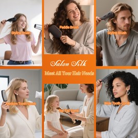 SALONSILK 5PCS Hair Brush Comb Set, Women Men Paddle Styling Hair Brushes Wide Fine Tooth Combs, Rat Tail Parting Barber Professional Set for Detangling, Thick, Natural, Thin, Curly