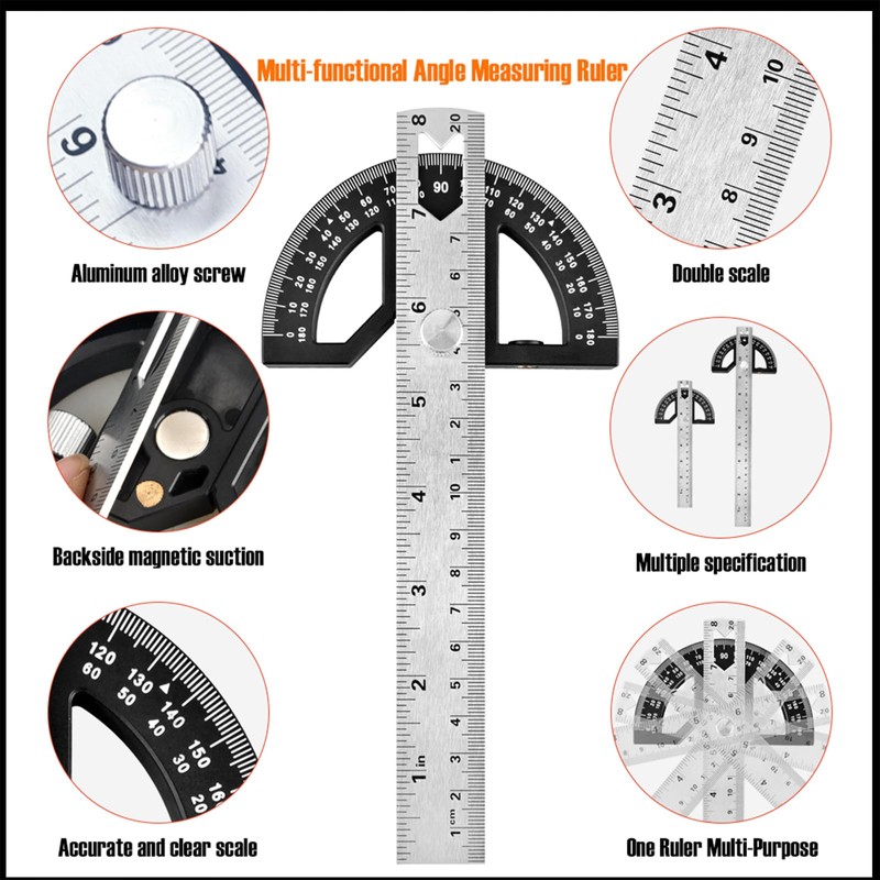 Protractor Angle Ruler, Angle Gauge Tool, Adjustable Stainless Steel Angle