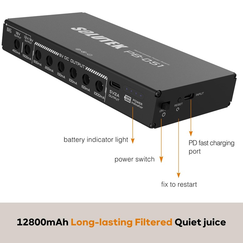 Solutek Rechargeable Guitar Pedal Power Supply | 12800 High-Current 2000mA
