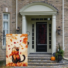 Cat Fall Garden Flag 12x18 Inch Double Sided,Maple Leaves Thanksgiving Burlap Autumn Seasonal Holiday Yard Outdoor Decor cat3