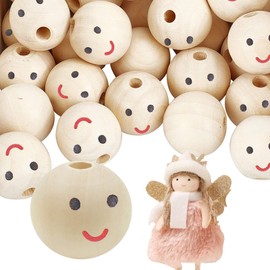 dancepandas 30 mm Wooden Beads with Face, Pack of 30 Wooden Balls with Face for Worm Round Natural Wooden Heads with Face Angel for DIY Handmade Decorations Crafts Beads (30 mm)