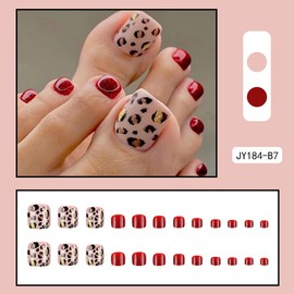 Leopard Press on Toenails Short Square Stick on Toenails with Gold Glitter Design Full Cover Red Fake Toenails Summer False Toenail Full Cover Glossy Beach Toenail for Women Girls Manicure 24Pcs