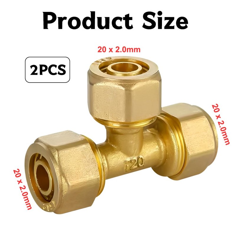 Pack of 2 Screw Fitting T-Piece, Brass Compression Fitting for