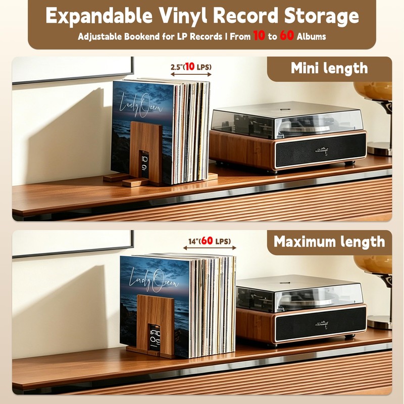 QUALLON Adjustable Vinyl Record Holder Solid Acacia Wood, 20–60 LP