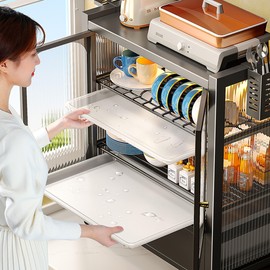 FAQINZYUAN Kitchen Countertop with Drawers Dish Cabinet, Dish Rack,Dual Door Dustproof Multifunctional Kitchen Storage Cabinet Suitable for Kitchens and Restaurants (Black)