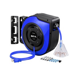 DEWENWILS Retractable Cord Reel, 60FT Heavy Duty Extension Cord, 12AWG/3C SJTOW, 3 Grounded Outlets Lighted Triple Tap, 15A Circuit Breaker, Wall/Ceiling Mounted for Garage, Workshop, UL Listed, Blue
